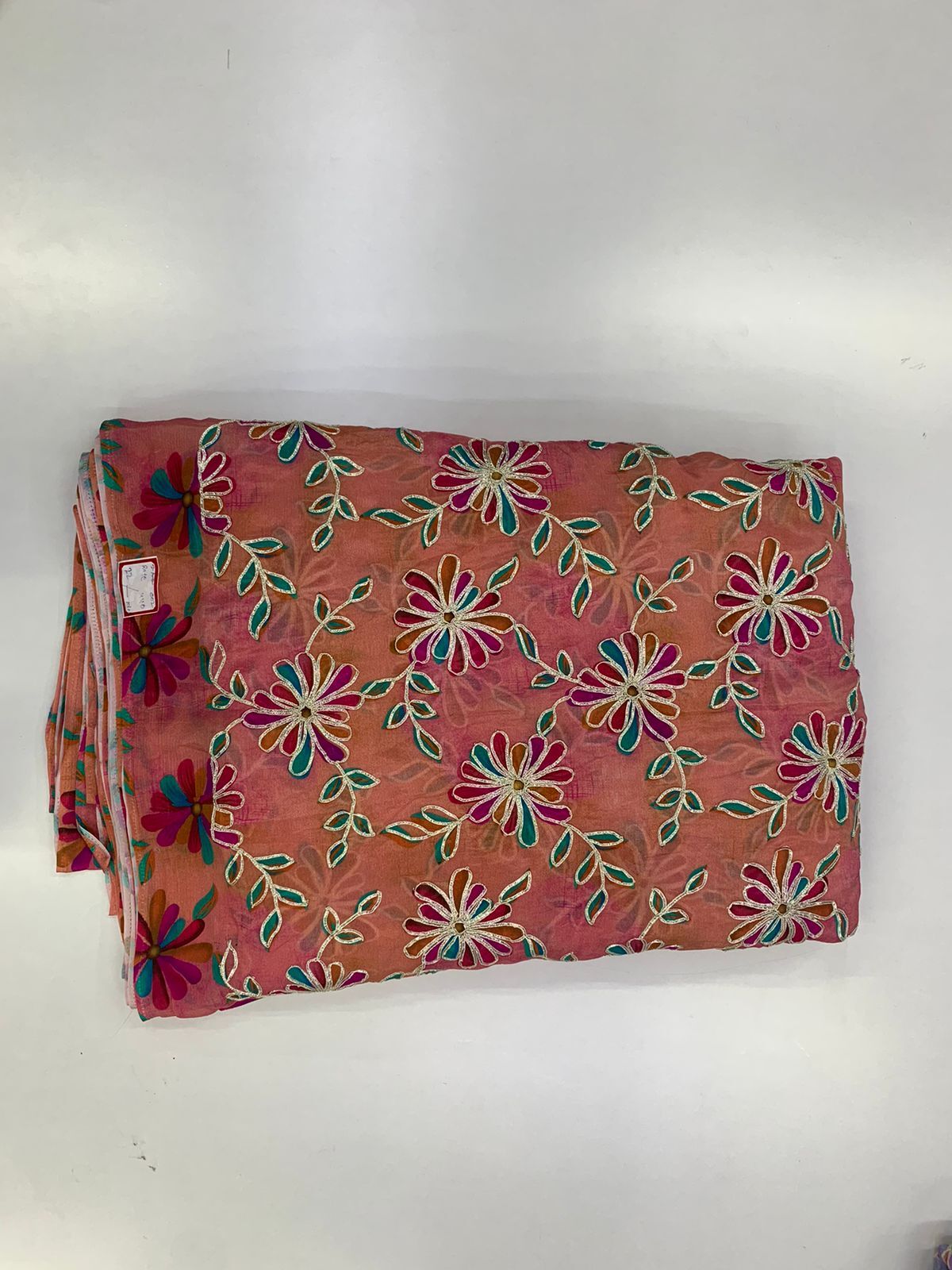 Viscose Chiffon Fabric - Japan 30x30 Multicolor , Ethnic Indian Design With Appliqued Embroidery For All Seasons