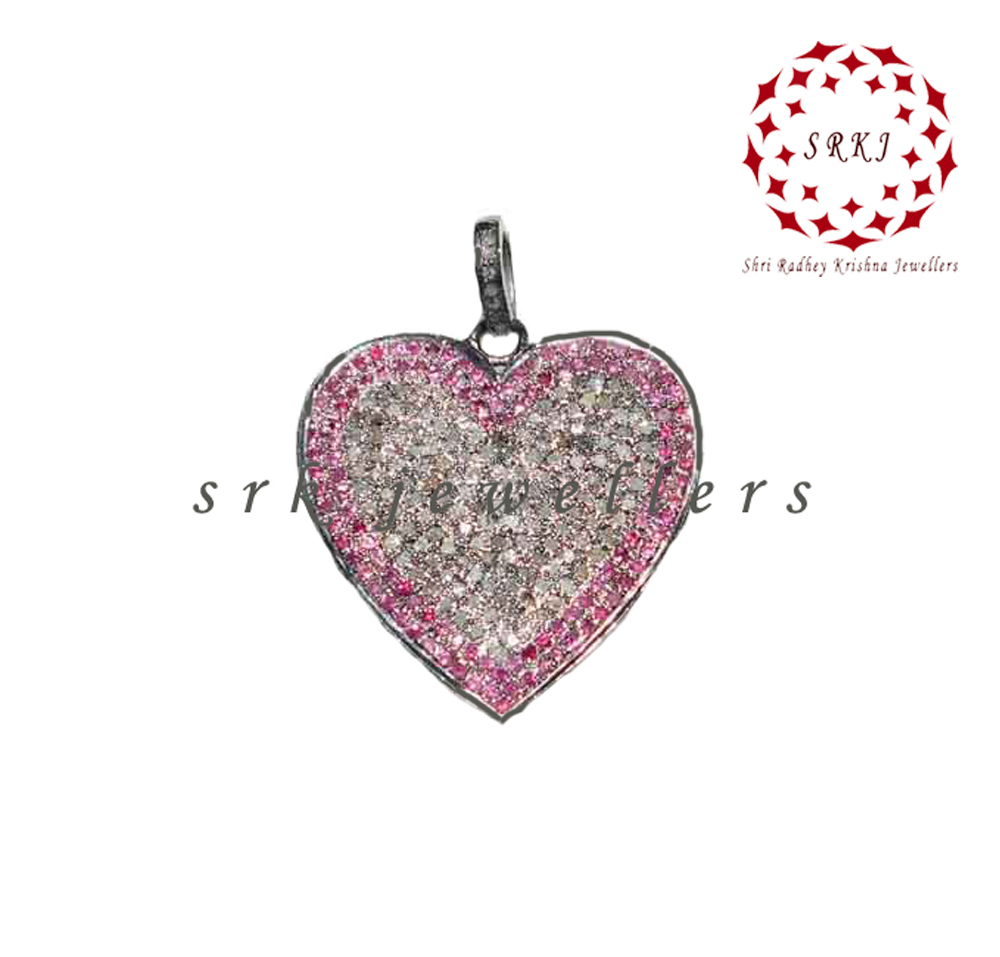 Starling Silver Handmade Pave Diamond With Ruby Stone Heart Shape Pendant