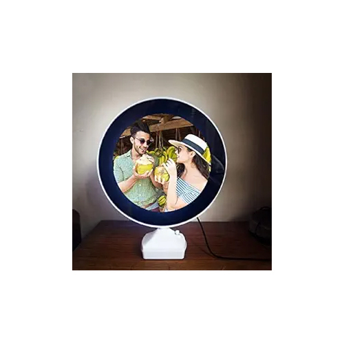 Hna Gifting Magic Mirror Cum Photo Frame With Led Lights For Home Decor - Round Design, Elegant White Finish, Illuminating Photo Display Lamp