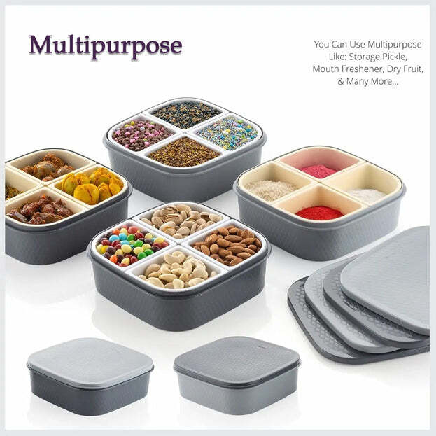 Plastic 4 Sections Multipurpose Dry Fruit Chocolates Mouth Freshener Sweet Box Set Serving Tray