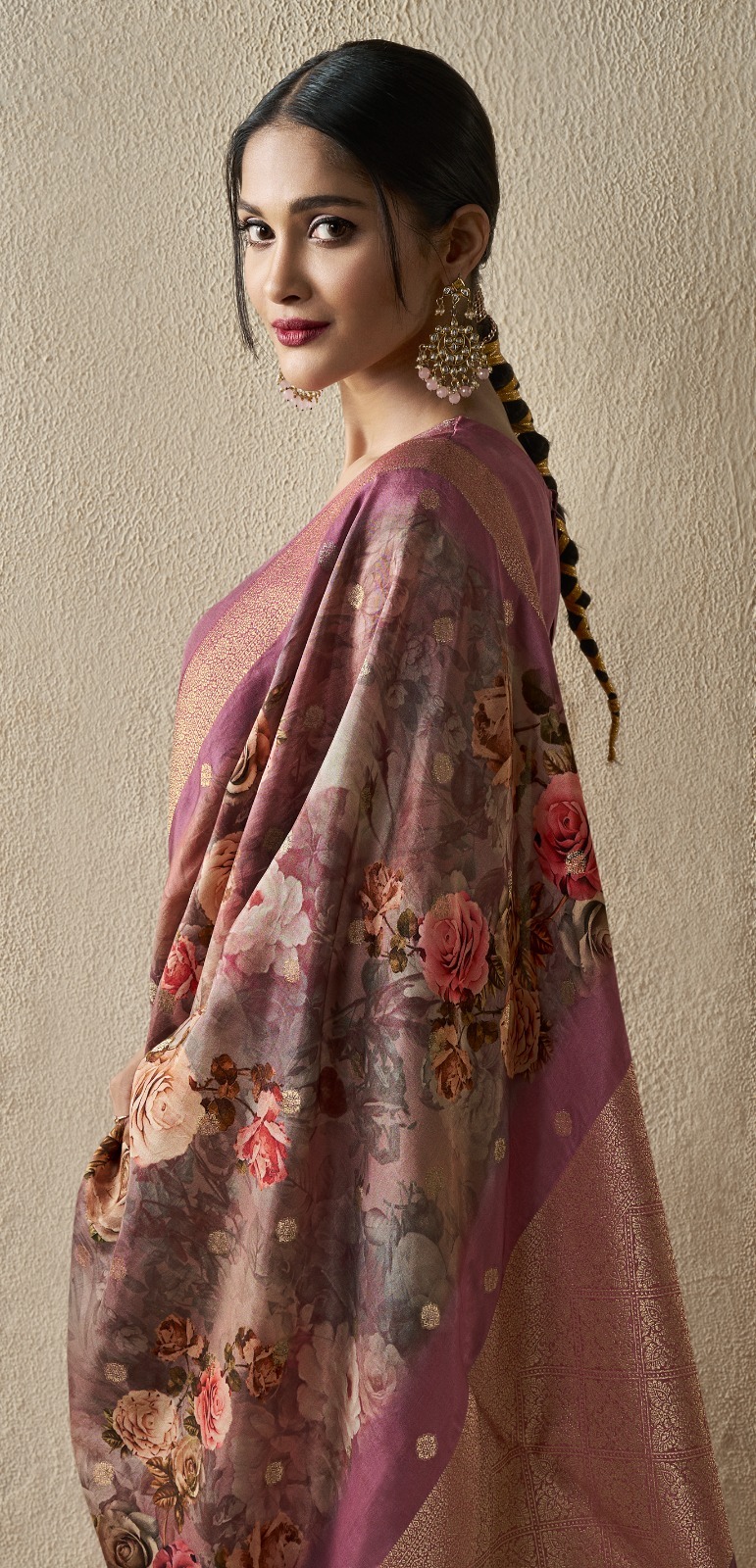 Jacquard Suit Set - Viscose Dola, Purple Color | Floral Print & Golden Threadwork Detailing