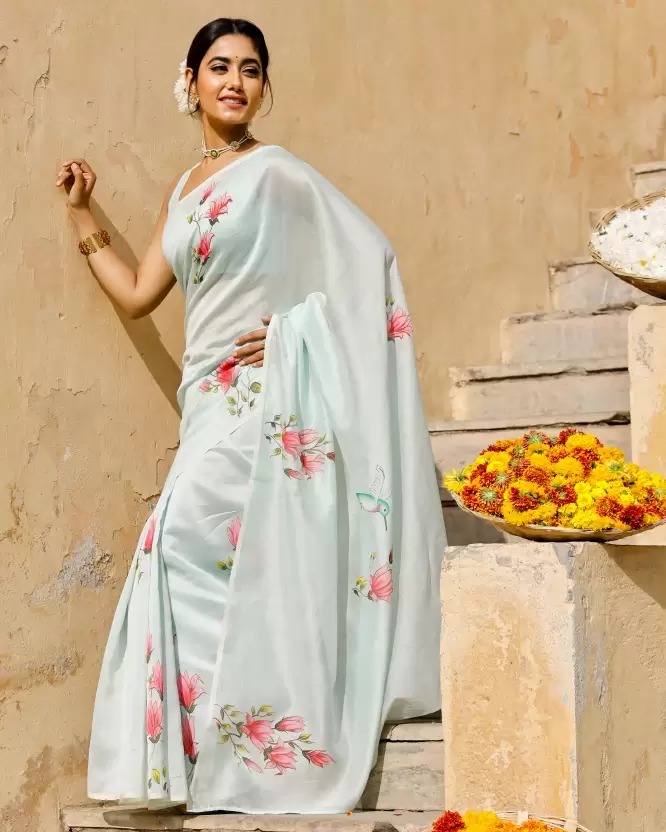 Aqua Chanderi Saree - Printed Floral Pattern, Casual Ethnic Wear With Matching Blouse Piece - All Season, Short Sleeves, Dry Clean Only