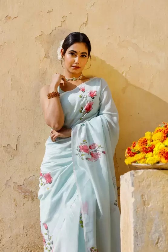 Aqua Chanderi Saree - Printed Floral Pattern, Casual Ethnic Wear With Matching Blouse Piece - All Season, Short Sleeves, Dry Clean Only