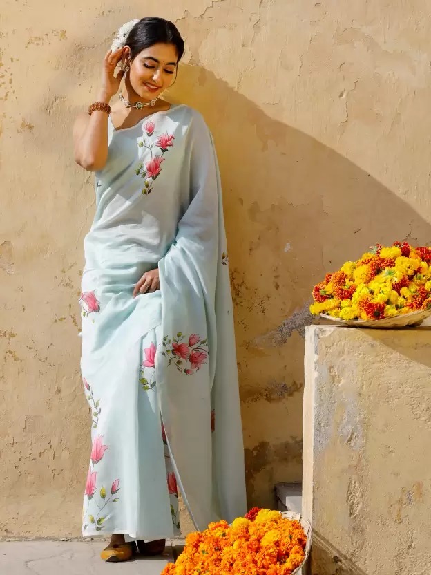 Aqua Chanderi Saree - Printed Floral Pattern, Casual Ethnic Wear With Matching Blouse Piece - All Season, Short Sleeves, Dry Clean Only