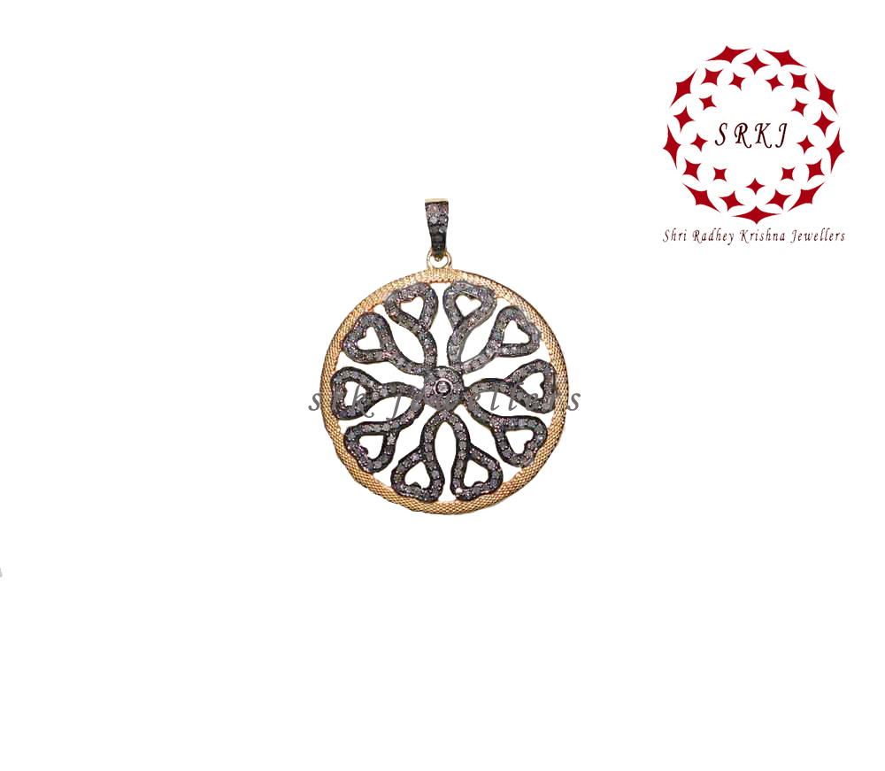 925 Starling Silver Pave Diamond Two Tone Flower Round Shape Pendant - Gender: Women