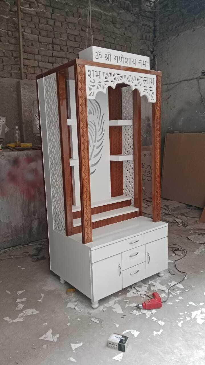 Wooden Teak Mandir - Teak Wood, 6x3 Ft, White & Teak Color | Intricate Carvings, Spacious Design, Easy Assembly, Led Lights, Customization Options