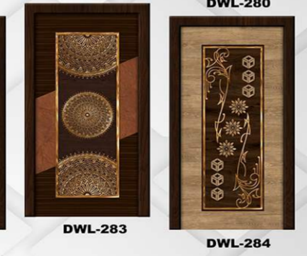 Designer Door - Wood With Decorative Glass Panels, Standard Dimensions, Brown, Geometric Patterns, Solid Wood Infilling, Polished Veneer Finish