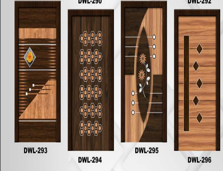 Designer Door - Wood With Decorative Glass Panels, Standard Dimensions, Brown, Geometric Patterns, Solid Wood Infilling, Polished Veneer Finish