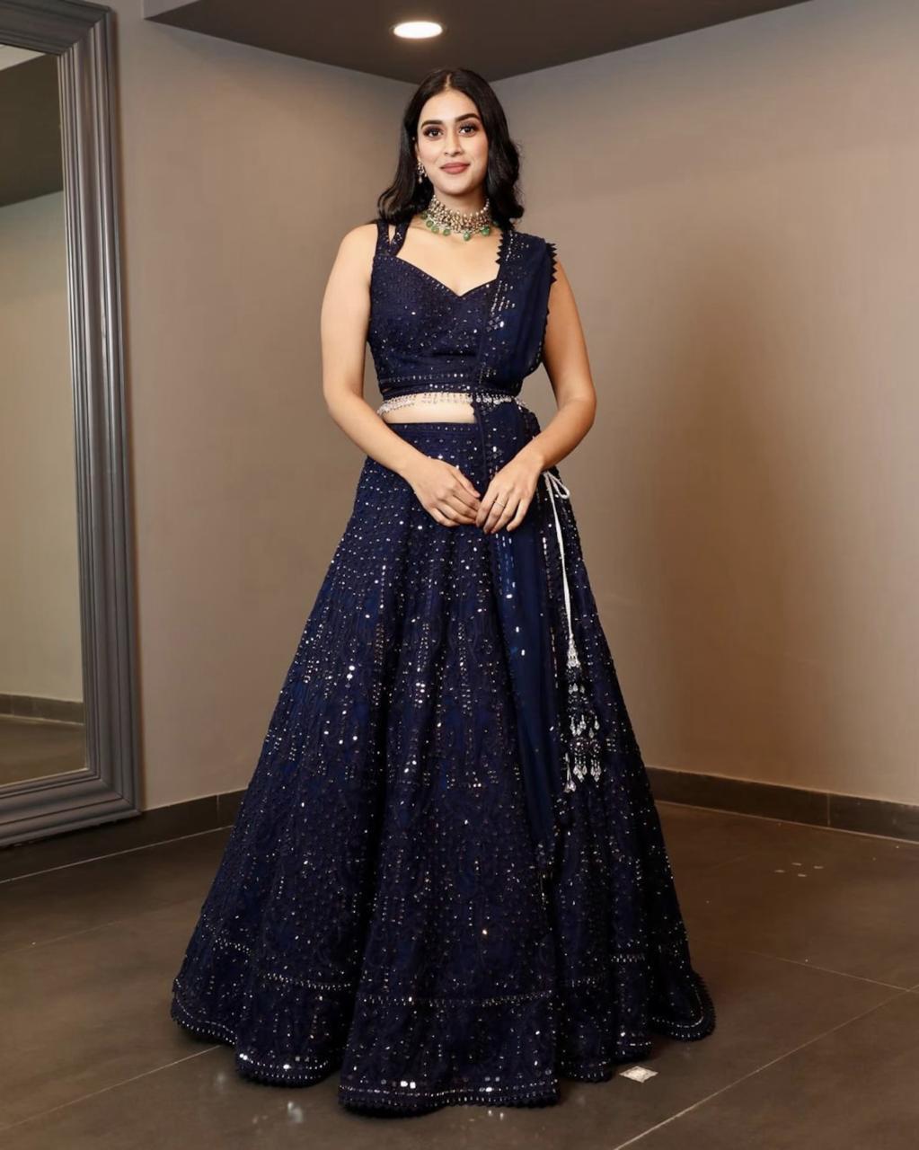 Lehenga Choli - Heavy Georgette, 20 Mtr Size With 3 Mtr Flair, Semi-stitched Blouse, Inner Silk, Embroidered Sequins, Net Dupatta With Lace Border | Ideal For Weddings, Festivals, Parties