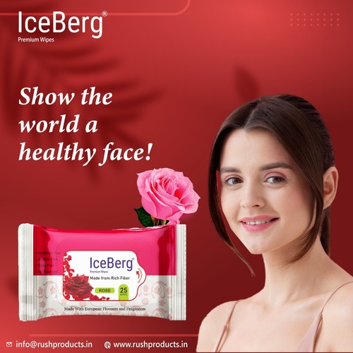 ICEBERG REFRESHING ROSE WET WIPES - Non Woven Fabric, 150x200mm, White Color - Ideal For All Ages, Multi-Use, Fragrance Infused, 25 PCS Per Pack