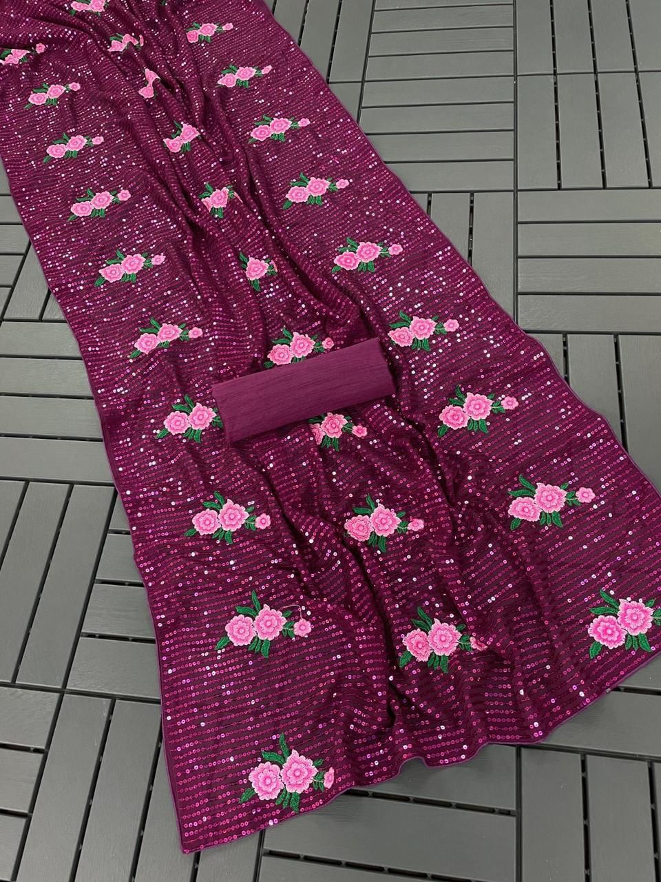 Seqwance Saree - Color: Black With Pink Floral Design