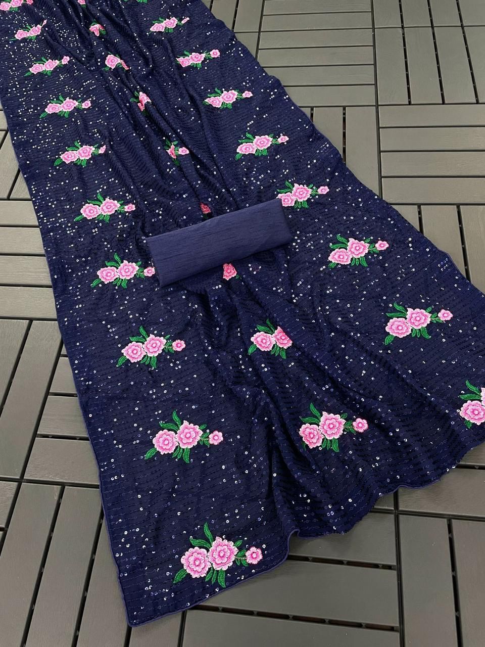 Seqwance Saree - Color: Black With Pink Floral Design