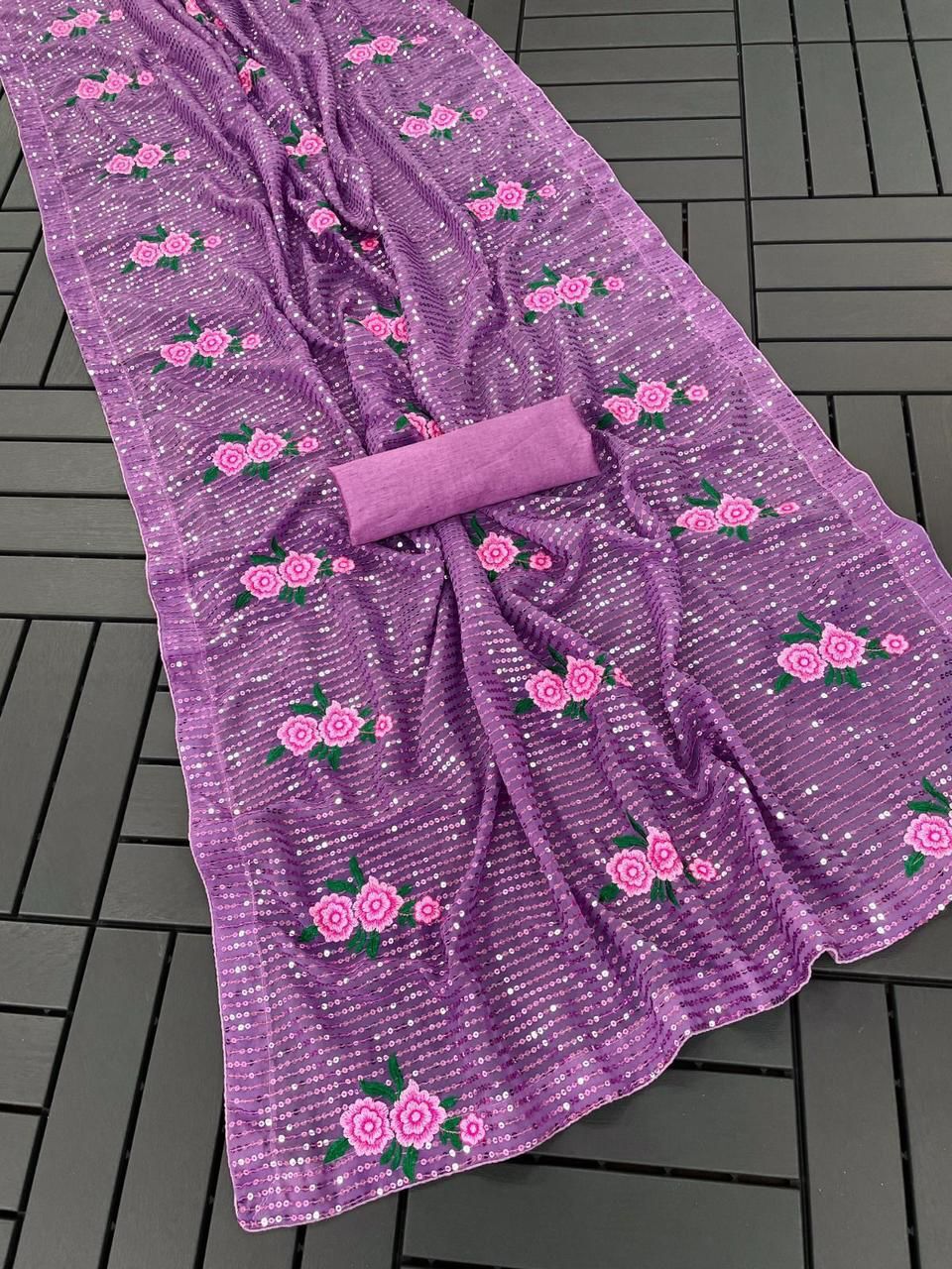 Seqwance Saree - Color: Black With Pink Floral Design