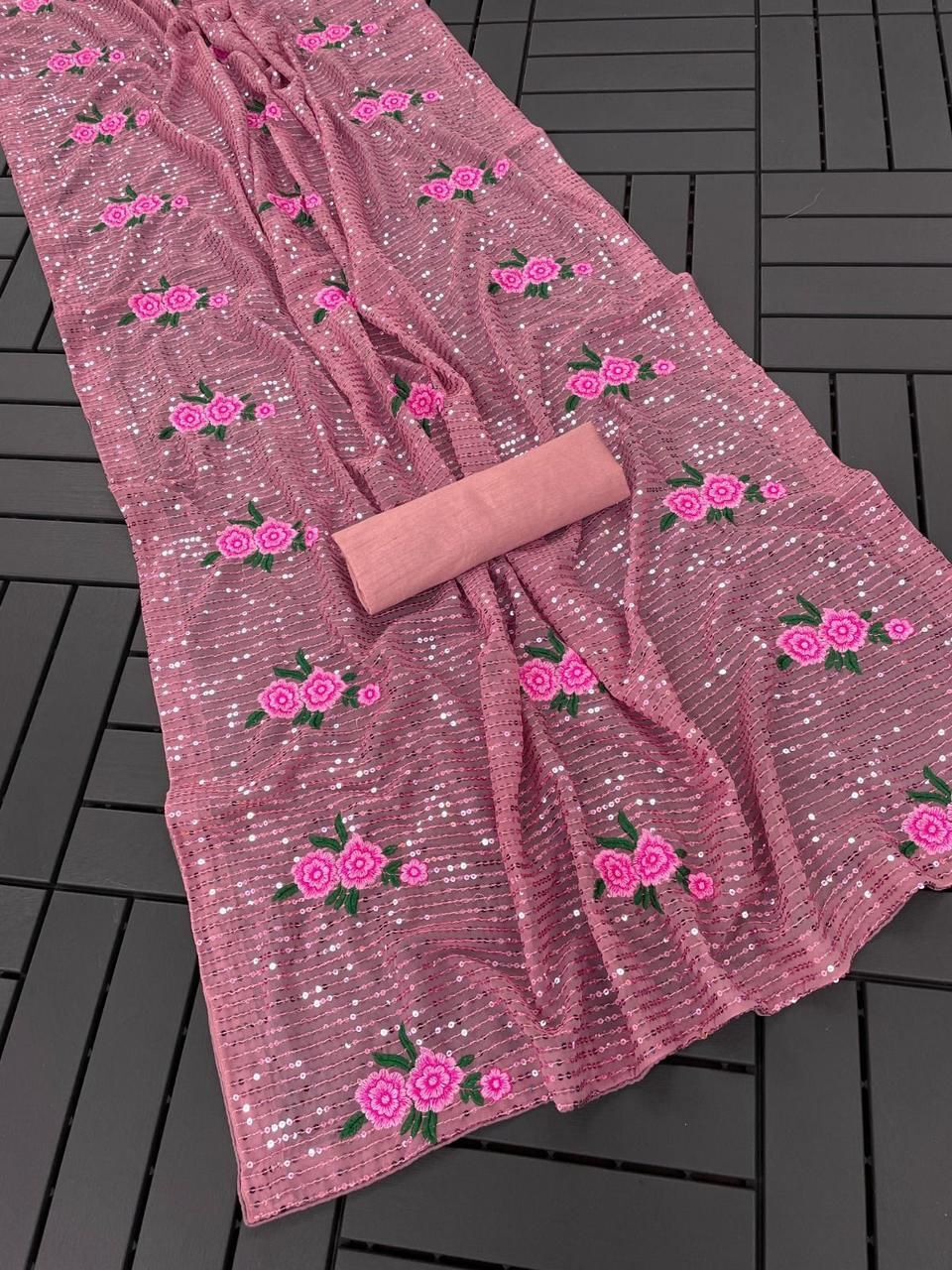 Seqwance Saree - Color: Black With Pink Floral Design