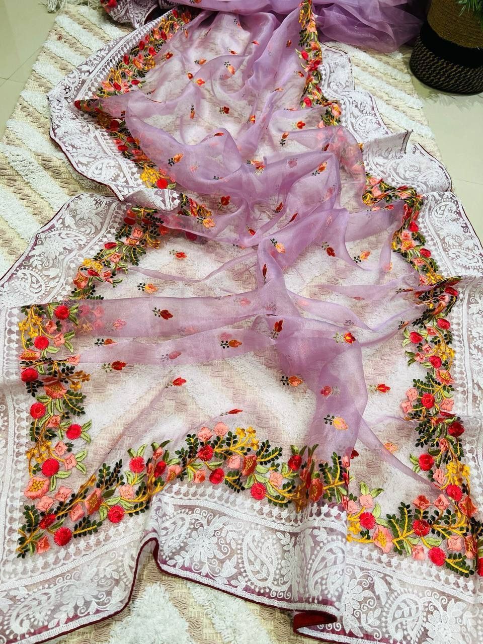 Organza With Lucknowi Thread Chikankari Work Saree - Color: Brown