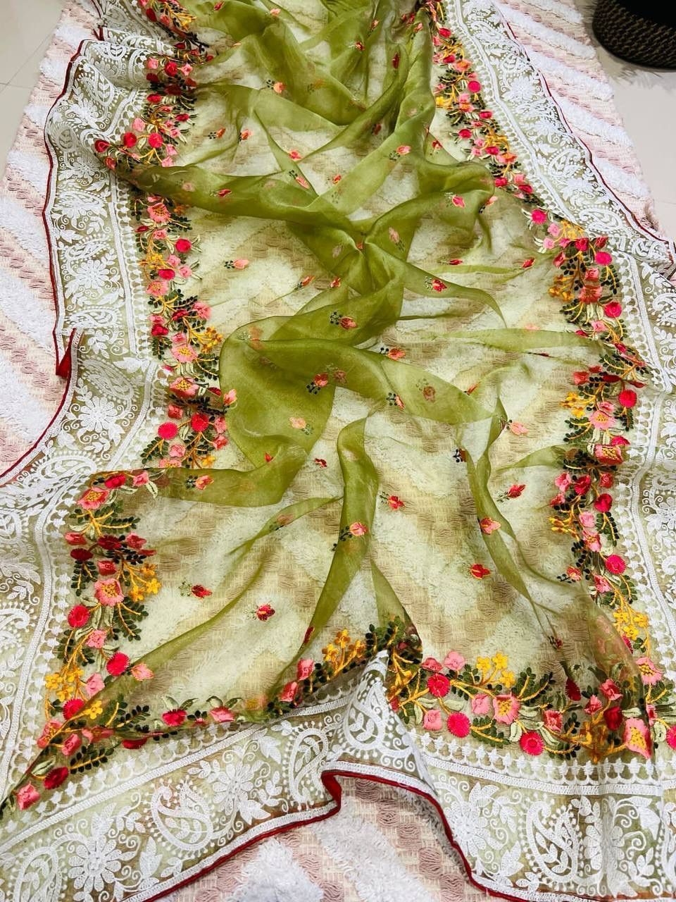 Organza With Lucknowi Thread Chikankari Work Saree - Color: Brown
