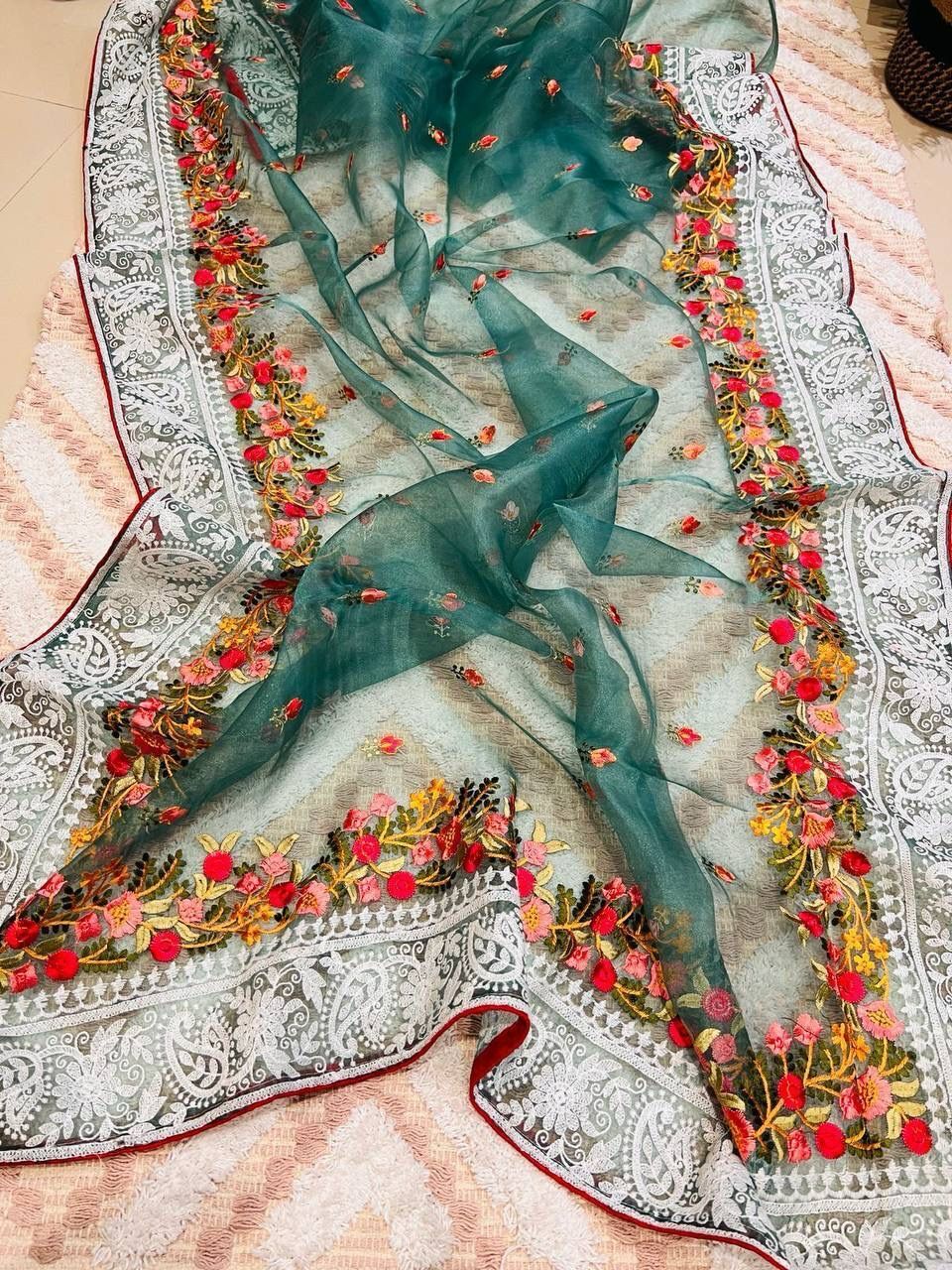 Organza With Lucknowi Thread Chikankari Work Saree - Color: Brown