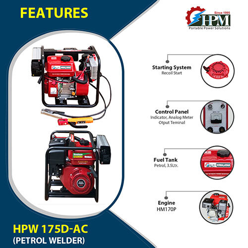 Lightweight Petrol Arc Welding Machine - 175 Amps, 2.5mm To 4mm Electrode Diameter | Recoil Start, Inverter 1 Kva Output, 3.5 Hour Run Time, 27 Kg Weight