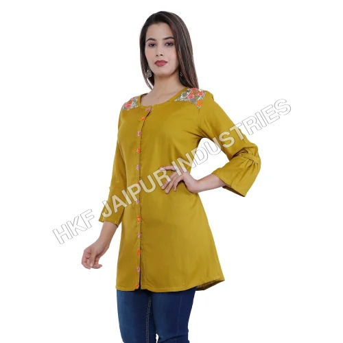Ladies Embroidery Rayon Yellow Top - Embroidered Pattern, Bead Closure | Perfect for Summer Wear in Vibrant Yellow