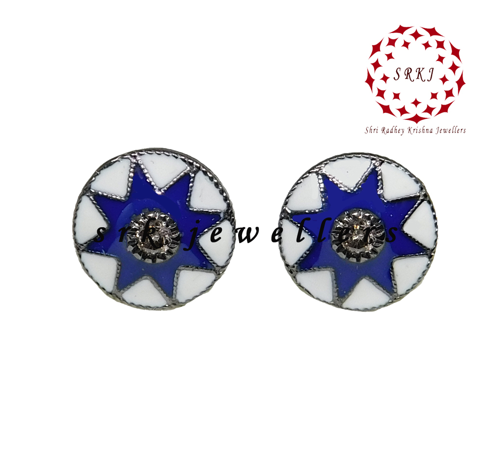 Sterling Silver Handmade Pave Diamond Enamel Stud Earrings - 925 Silver, 54x22 Mm, 0.48 Cts Diamond Weight, Trendy Unisex Design