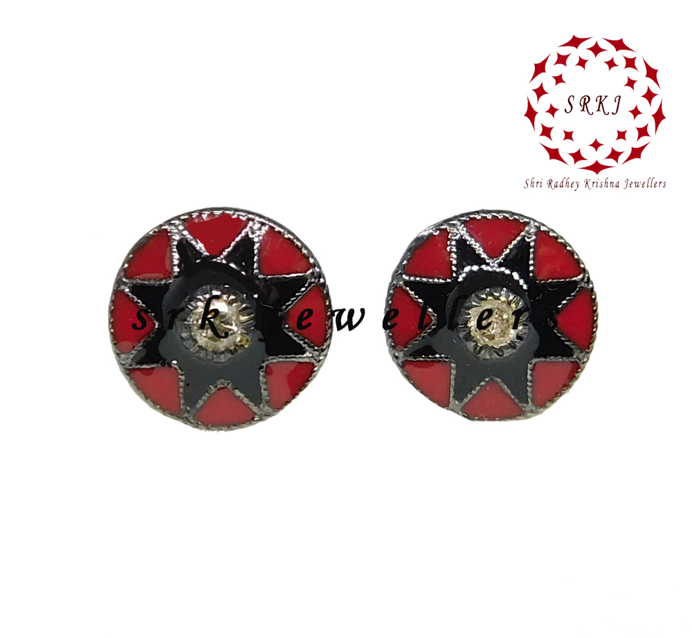 Sterling Silver Handmade Pave Diamond Enamel Stud Earrings - 925 Silver, 54x22 Mm, 0.48 Cts Diamond Weight, Trendy Unisex Design