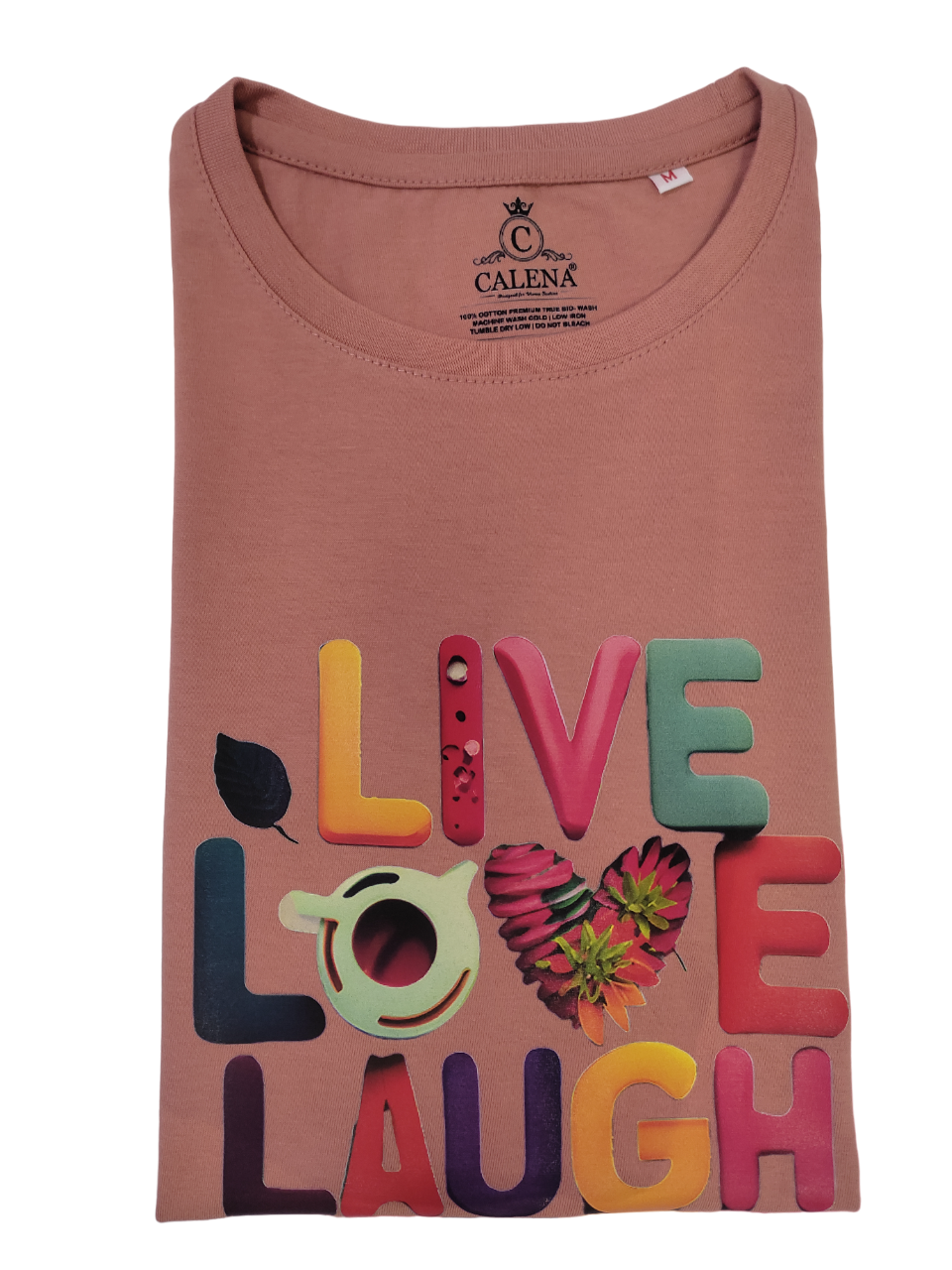 T Shirt For Girls And Women Live Love Laugh - 100% Compact Cotton, Salmon Pink, Size S-xxl | Short Sleeves, O-neck, Printed Design