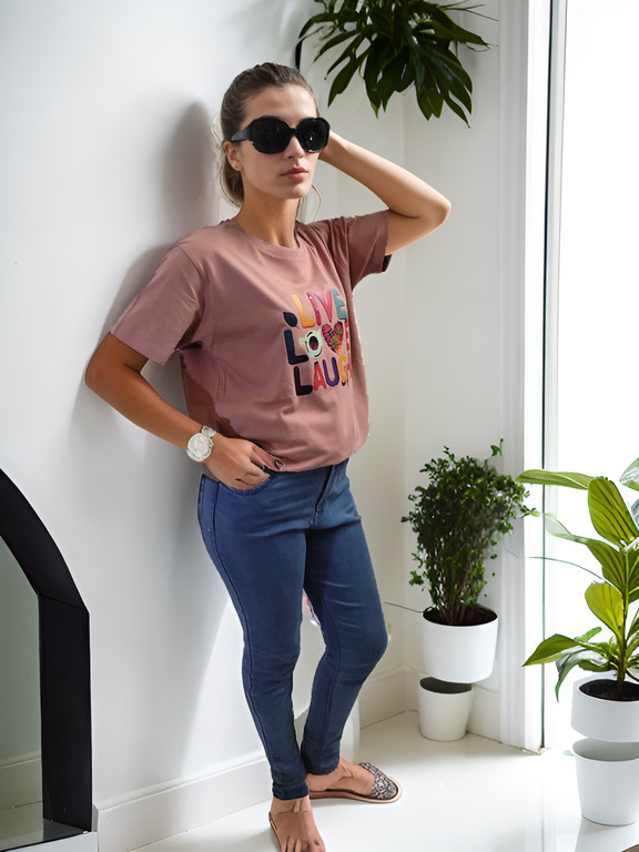 T Shirt For Girls And Women Live Love Laugh - 100% Compact Cotton, Salmon Pink, Size S-xxl | Short Sleeves, O-neck, Printed Design