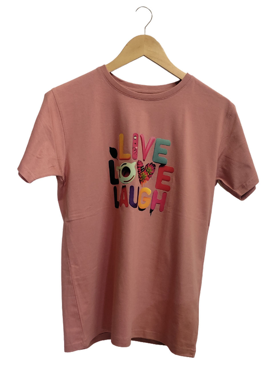 T Shirt For Girls And Women Live Love Laugh - 100% Compact Cotton, Salmon Pink, Size S-xxl | Short Sleeves, O-neck, Printed Design