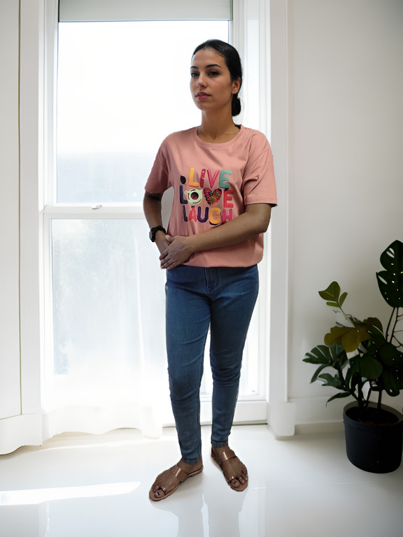 T Shirt For Girls And Women Live Love Laugh - 100% Compact Cotton, Salmon Pink, Size S-xxl | Short Sleeves, O-neck, Printed Design