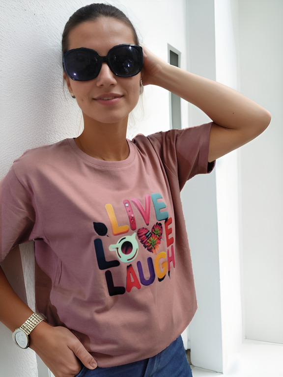 T Shirt For Girls And Women Live Love Laugh - 100% Compact Cotton, Salmon Pink, Size S-xxl | Short Sleeves, O-neck, Printed Design