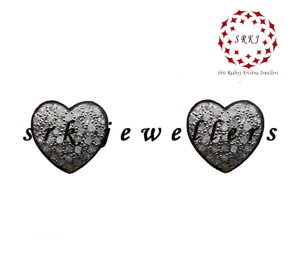 Sterling Silver Handmade Pave Diamond Small Heart Two Tone Stud Earrings - 925 Silver, 54x22 Mm, 0.48 Cts. Diamond Weight | Stylish Jewelry For Women, Perfect For Anniversaries, Weddings, Gifts, And Parties