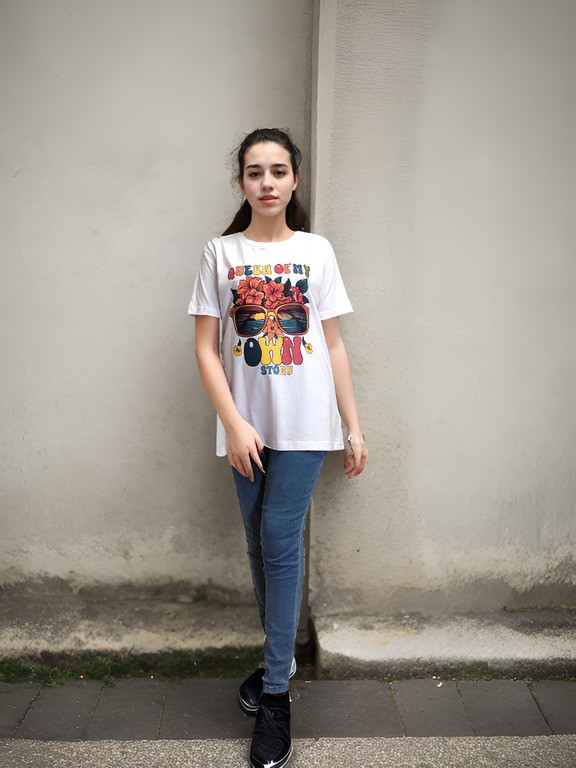 T-shirt For Girls And Women - 100% Compact Cotton 180 Gsm O-neck White Color Short Sleeves Printed Design For Female Age 18+