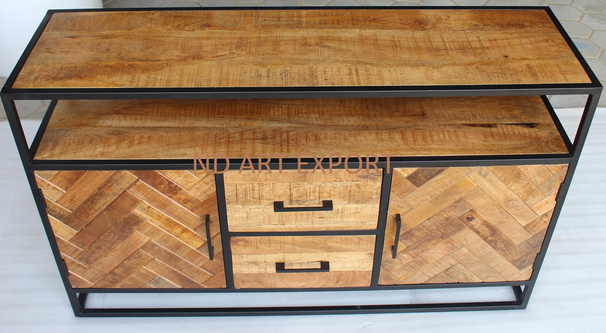 Sideboard With Three Drawer And 2 Door With Rough Solid Mango Wood With Ms Iron Industrial Furniture