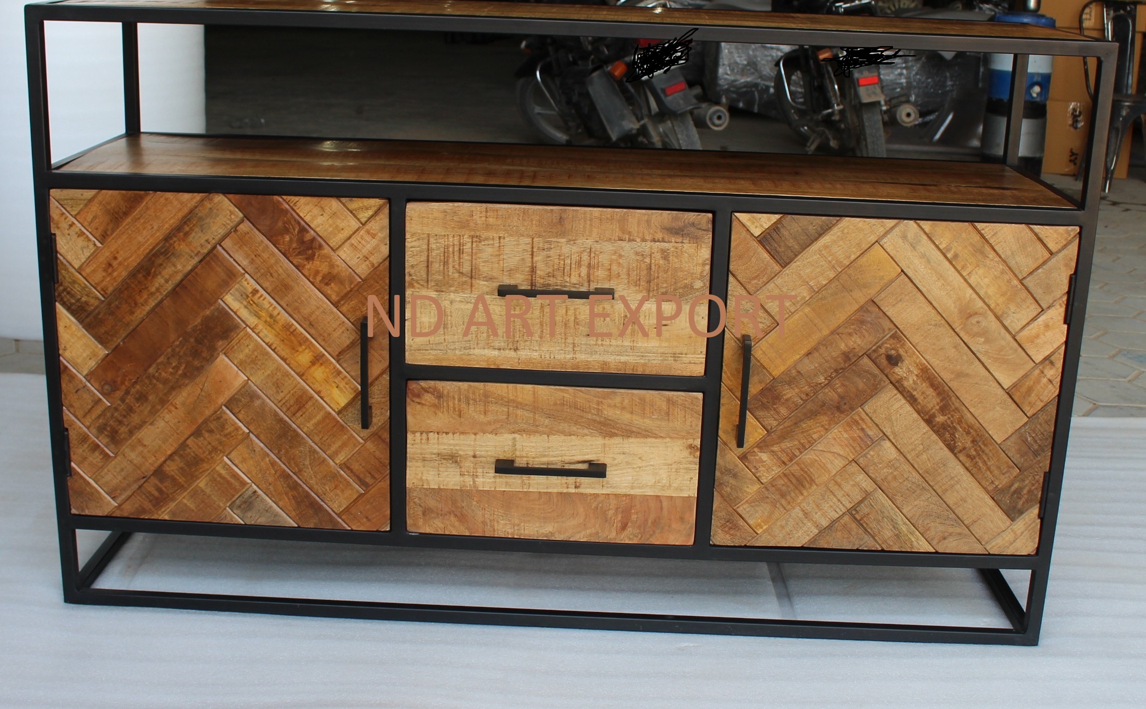 Sideboard With Three Drawer And 2 Door With Rough Solid Mango Wood With Ms Iron Industrial Furniture