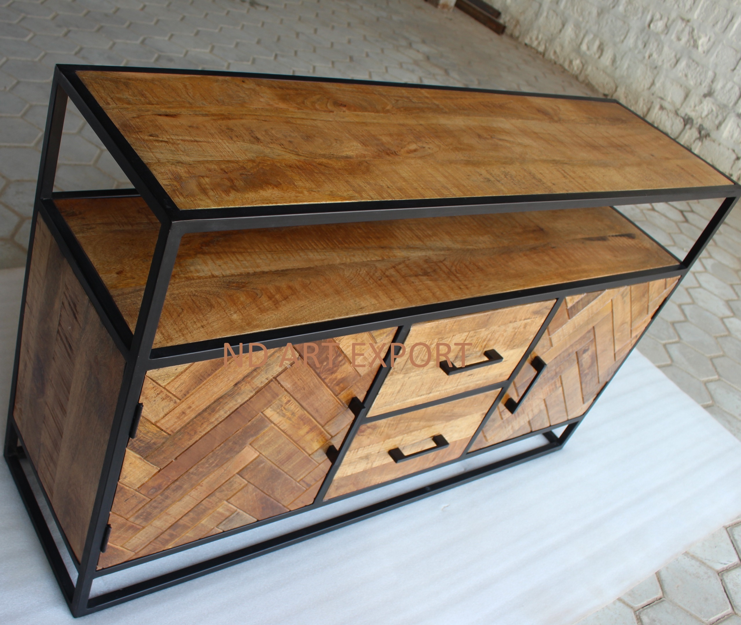 Sideboard With Three Drawer And 2 Door With Rough Solid Mango Wood With Ms Iron Industrial Furniture