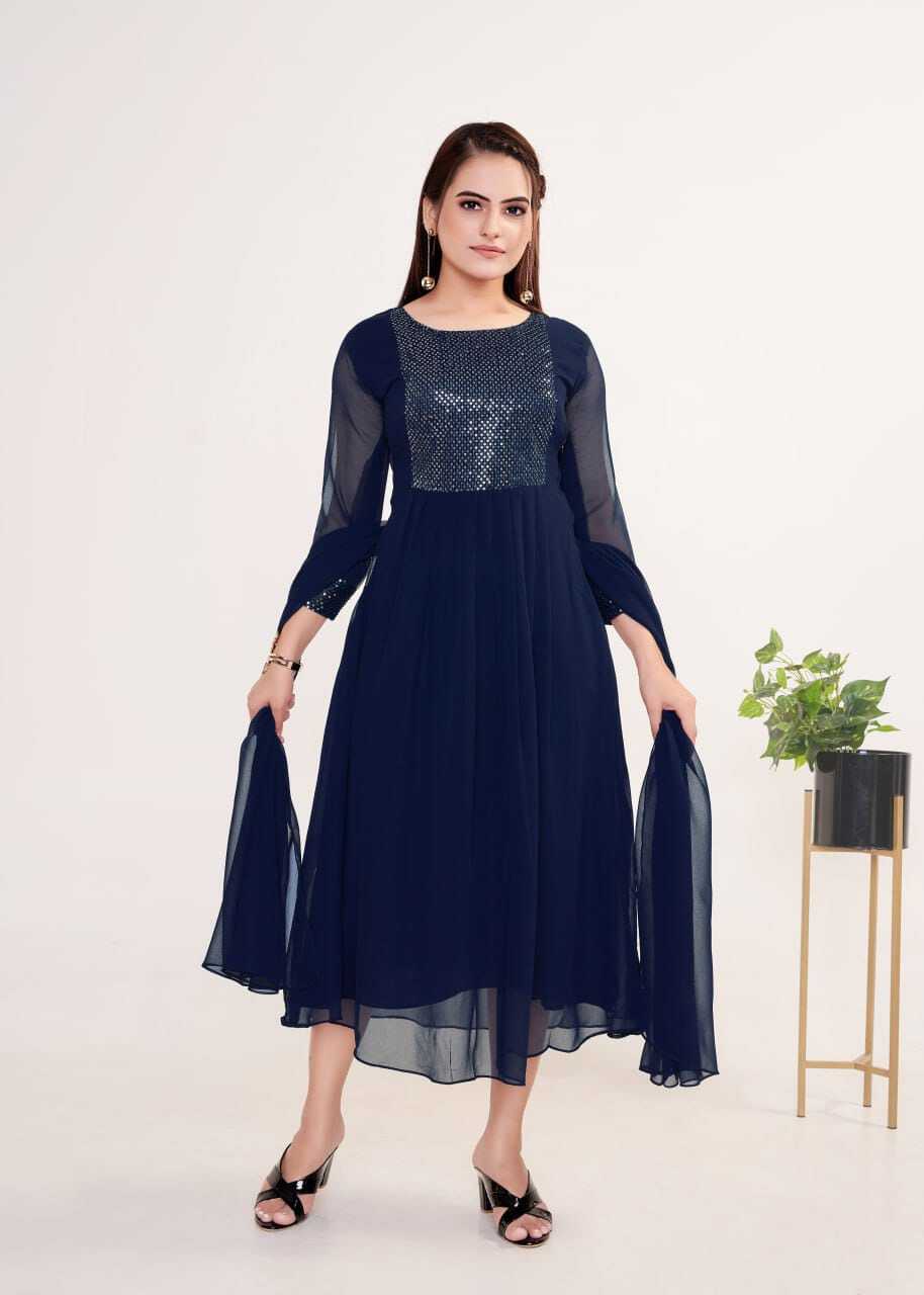 Kurti And Dupatta 2 Piece Set (Blue Colour) - Georgette Fabric, Sizes S-m-l-xl-xxl, American Crepe Lining, Embroidered Elegance, Comfortable Fit, Ready To Wear