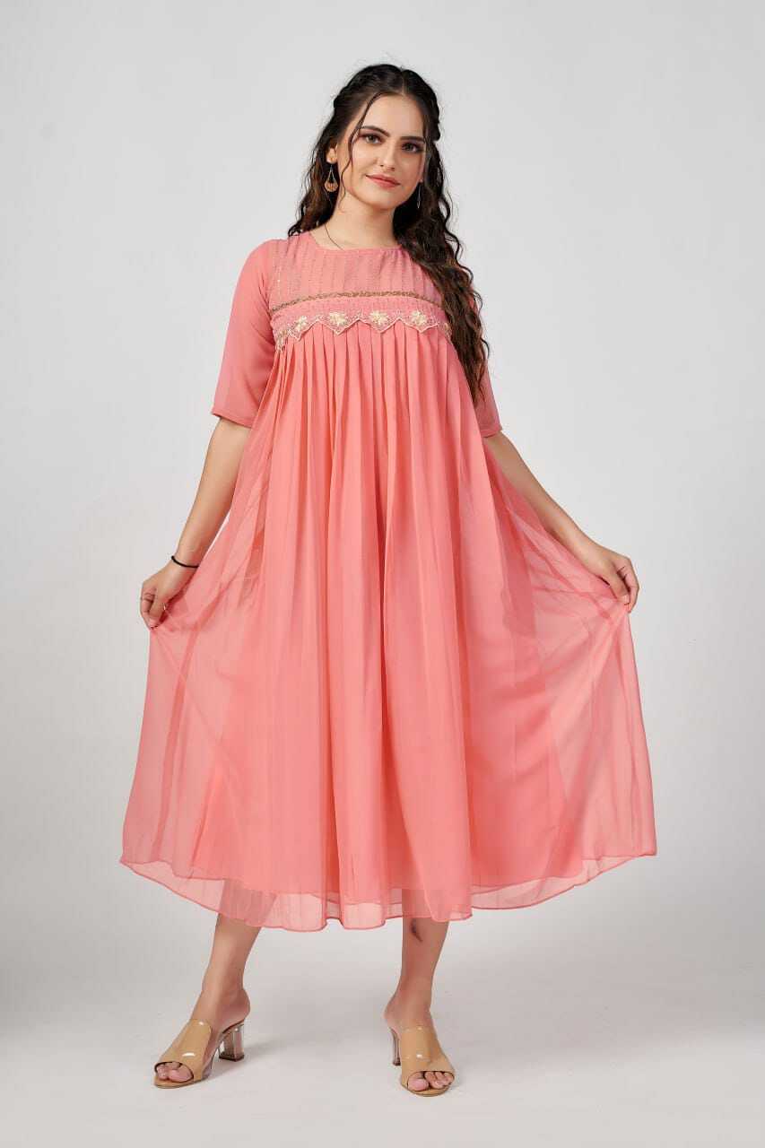 Asin Peach - Georgette Kurti And Dupatta 2-piece Set, Size S-m-l-xl-xxl, Pink Color, Embroidered Design, Lined With American Crepe