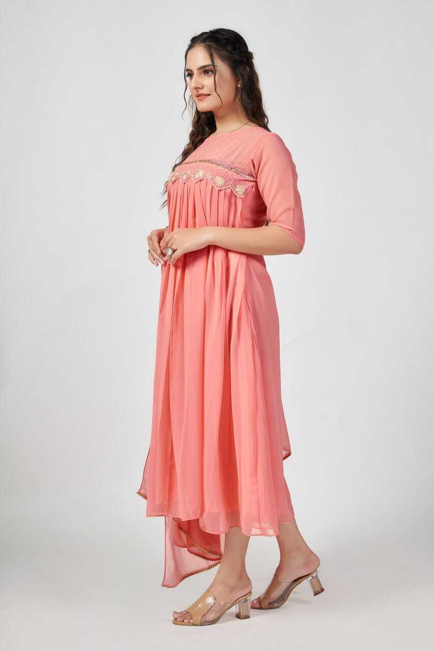 Asin Peach - Georgette Kurti And Dupatta 2-piece Set, Size S-m-l-xl-xxl, Pink Color, Embroidered Design, Lined With American Crepe