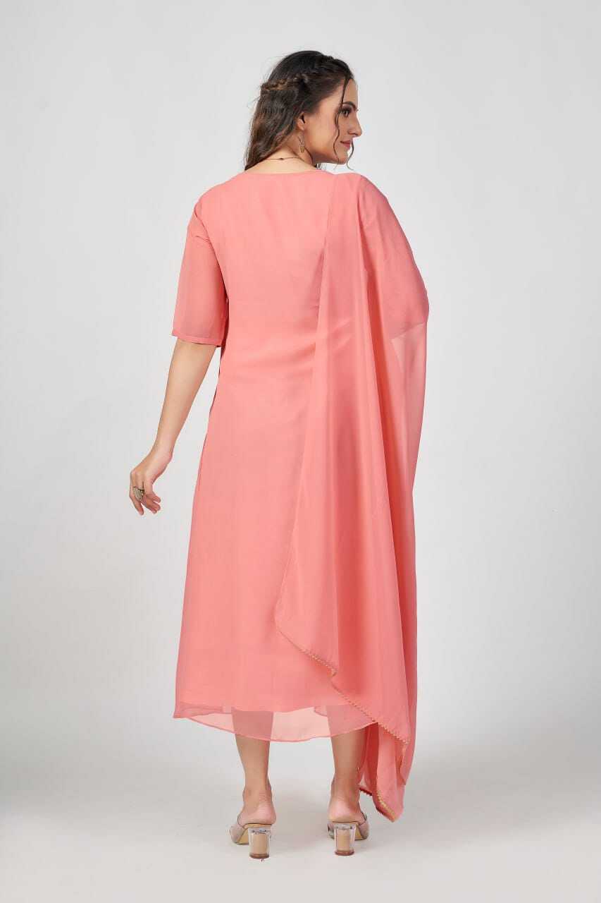 Asin Peach - Georgette Kurti And Dupatta 2-piece Set, Size S-m-l-xl-xxl, Pink Color, Embroidered Design, Lined With American Crepe