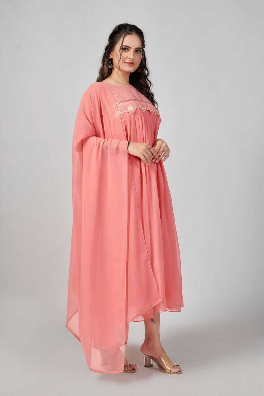Asin Peach - Georgette Kurti And Dupatta 2-piece Set, Size S-m-l-xl-xxl, Pink Color, Embroidered Design, Lined With American Crepe