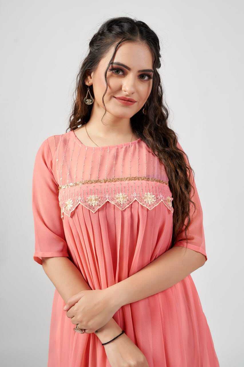 Asin Peach - Georgette Kurti And Dupatta 2-piece Set, Size S-m-l-xl-xxl, Pink Color, Embroidered Design, Lined With American Crepe