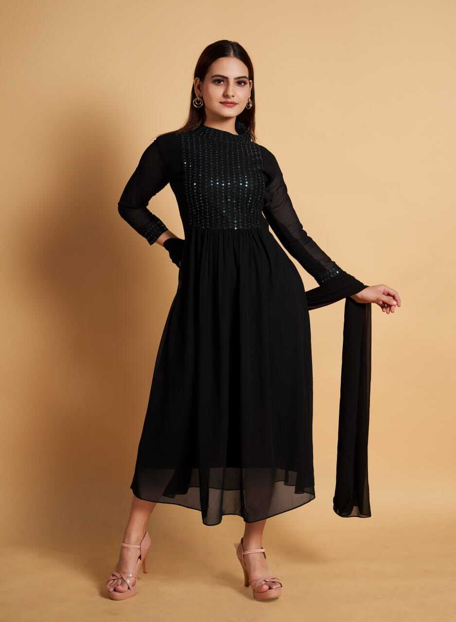 Black Georgette Kurti And Dupatta Set - Embroidered A-line Style, Long Sleeves | American Crepe Lining, Available In S-m-l-xl-xxl