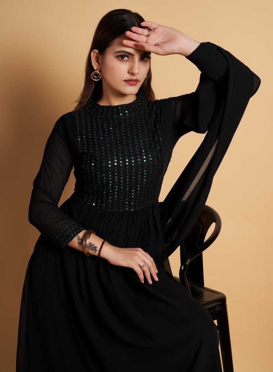 Black Georgette Kurti And Dupatta Set - Embroidered A-line Style, Long Sleeves | American Crepe Lining, Available In S-m-l-xl-xxl