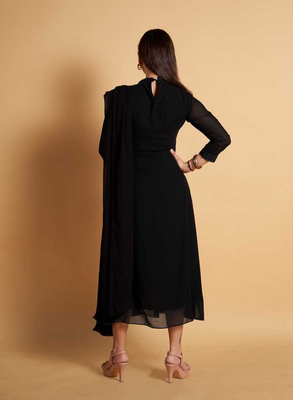 Black Georgette Kurti And Dupatta Set - Embroidered A-line Style, Long Sleeves | American Crepe Lining, Available In S-m-l-xl-xxl