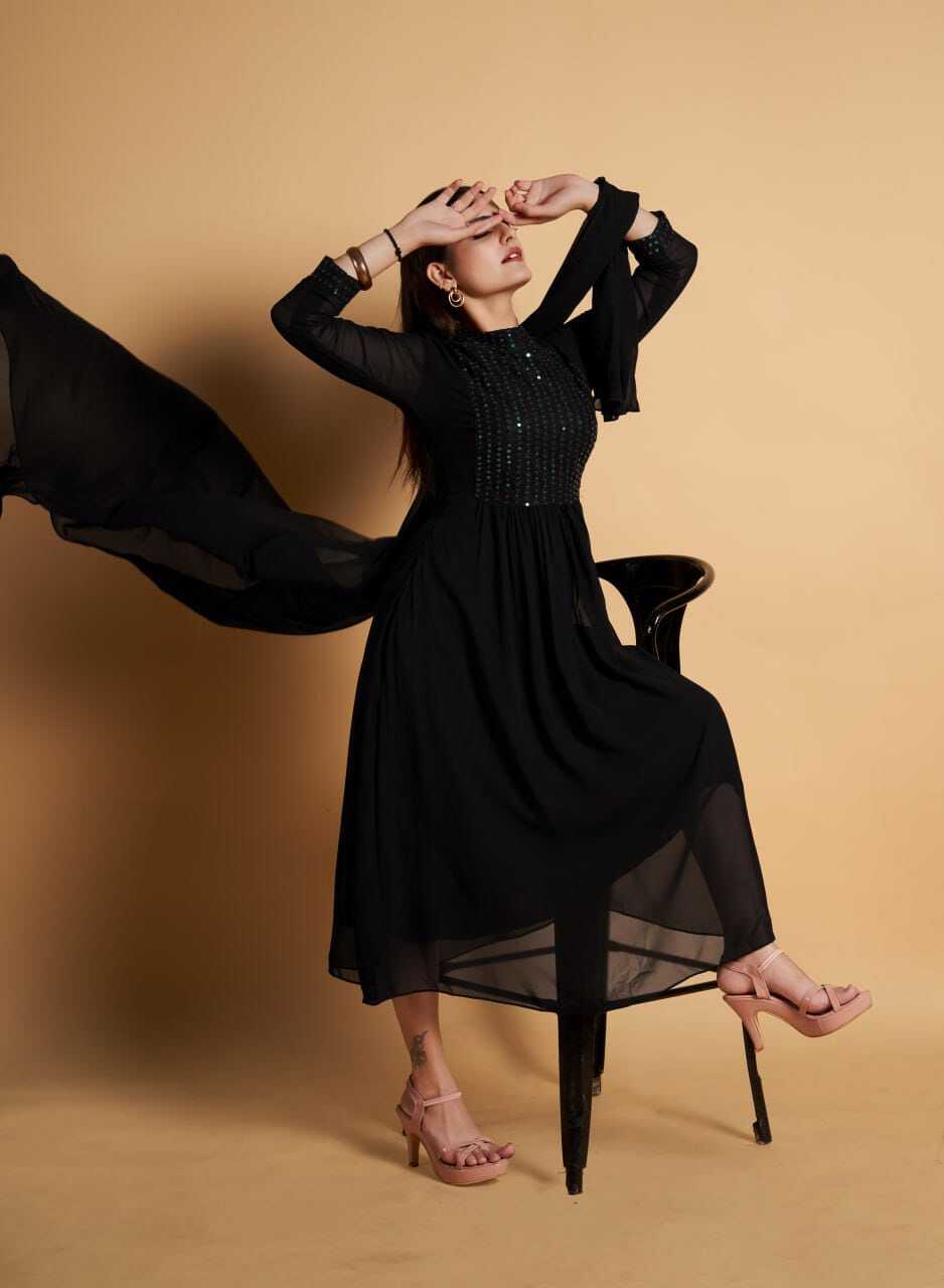 Black Georgette Kurti And Dupatta Set - Embroidered A-line Style, Long Sleeves | American Crepe Lining, Available In S-m-l-xl-xxl