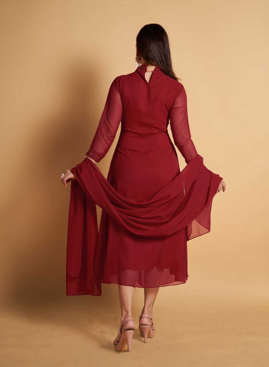 Maroon Kurti And Dupatta Set - Georgette Fabric, Sizes S-m-l-xl-xxl, Embroidered Design, American Crepe Lining, Comfortable And Stylish