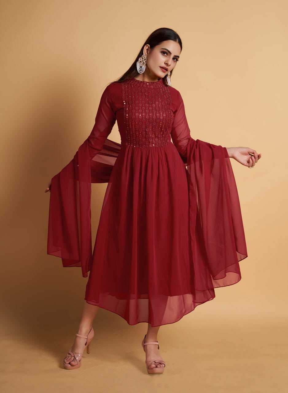Maroon Kurti And Dupatta Set - Georgette Fabric, Sizes S-m-l-xl-xxl, Embroidered Design, American Crepe Lining, Comfortable And Stylish