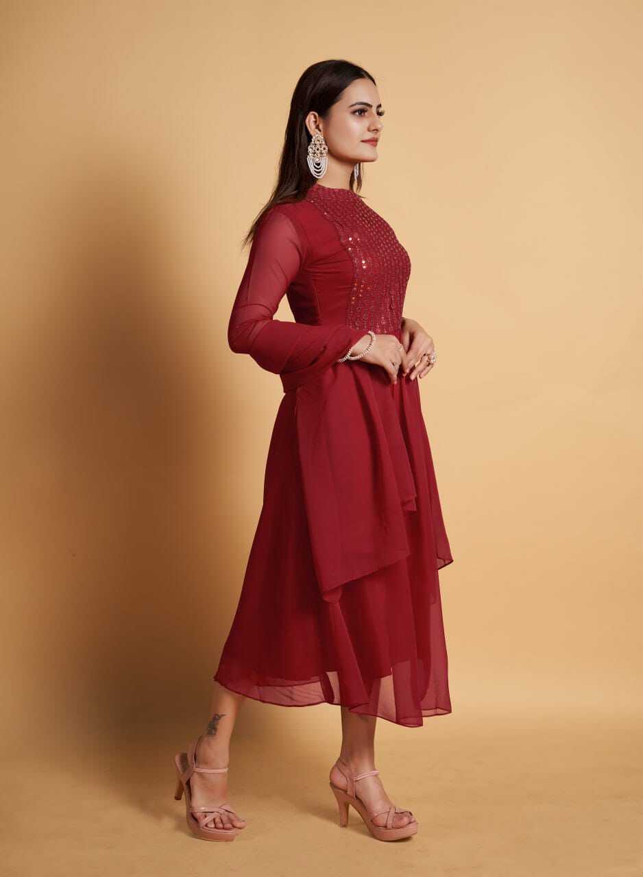 Maroon Kurti And Dupatta Set - Georgette Fabric, Sizes S-m-l-xl-xxl, Embroidered Design, American Crepe Lining, Comfortable And Stylish