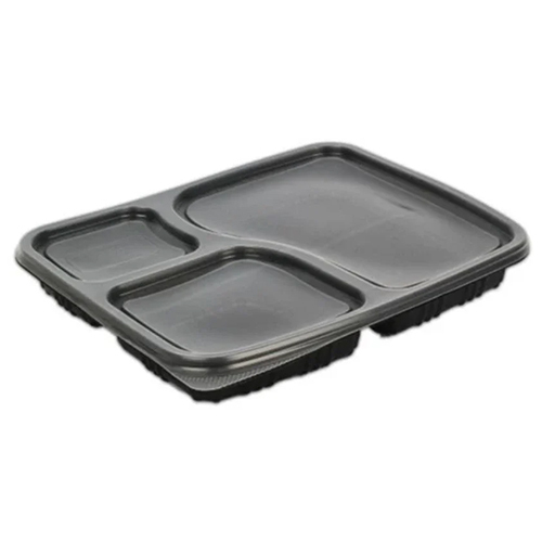 3 CP Disposable Food Tray With Lid - High-Quality Plastic, Various Sizes Available, Elegant Black Color | Secure Lid for Convenient Takeaway