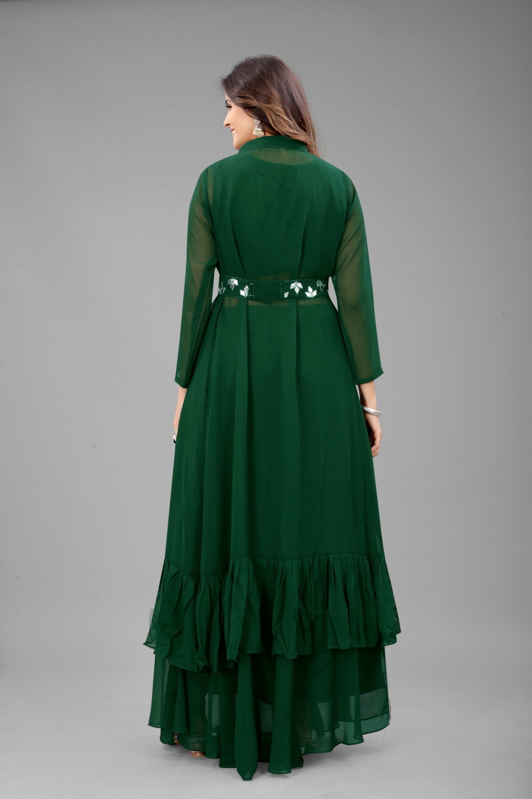 Designer Lehenga - Chiffon Fabric, Floor Length A-line Style | Embroidered Full Sleeves In Elegant Green For Party Wear